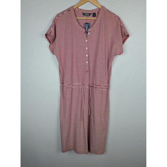 Lands' End Dress Womens XL 16 Red White Stripe Henley Pima Cotton Drawstring Mb - Picture 1 of 7